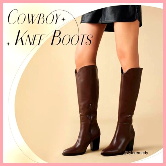 Faux Leather Knee High Boots with Pointed Toe and Chunky Heel - Picture 3 of 7